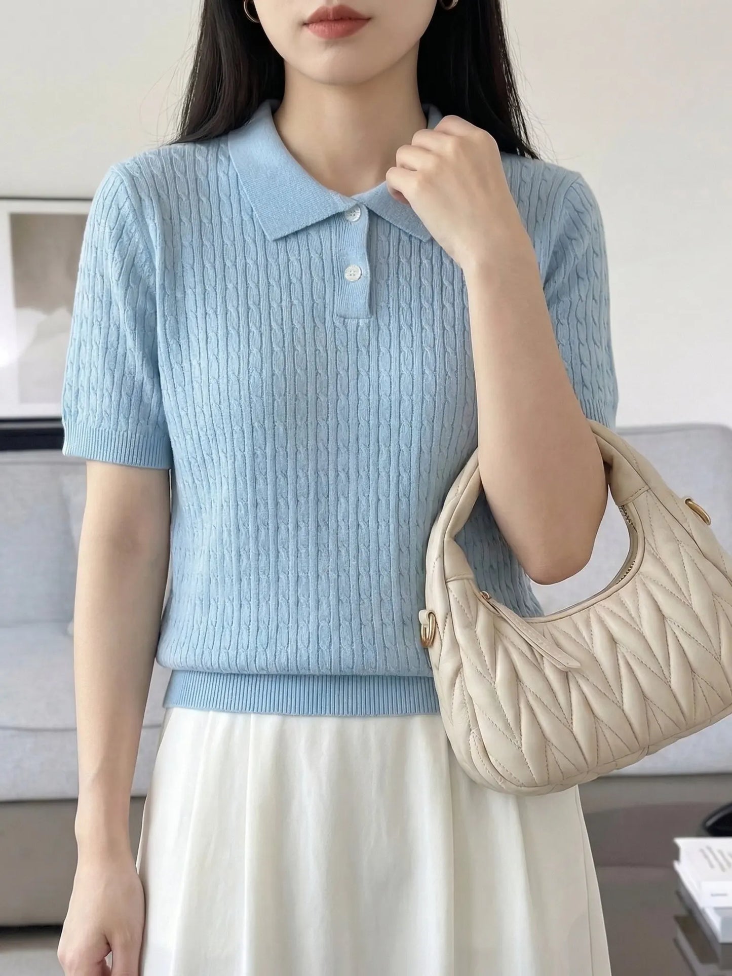 Spring Summer Breathable Pure Cotton Polo Shirt Women's Half Sleeve Loose Knitted Top Casual Versatile Summer Wear A3032122