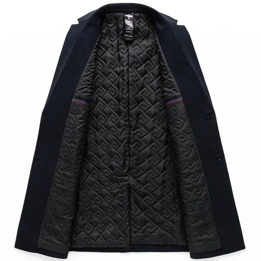 BROWON Brand 2026 Winter Elegant Woolen Coat Man Thicken Navy Color Smart Casual Outdoor Long Overcoat for Men Wollmantel