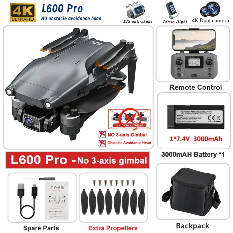 L600 PRO / PRO MAX GPS Drone Professional 4K 3-Axis PTZ HD Dual Camera Obstacle Avoidance Brushless Motor 5G WIFI Security Dron