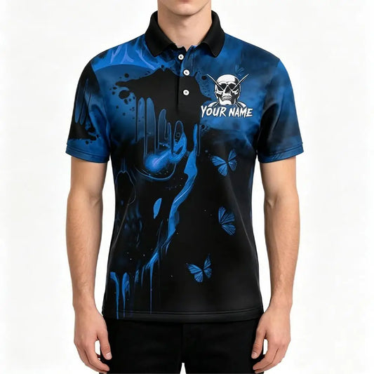 Custom Name Team Name Darts Polo Shirt Men 3D Skull Butterfly Blue Black All Over Print Quick Dry Sports Short Sleeve Golf Tops