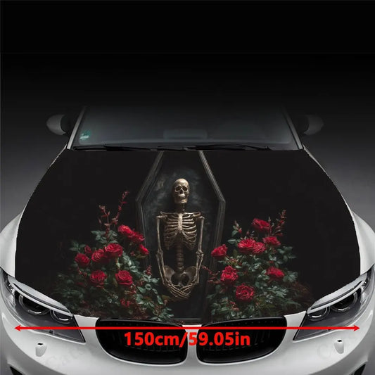 Skeleton in Coffin & Roses Car Vinyl Wrap, PVC Waterproof Car Hood Sticker, Self-Adhesive Scratch-Resistant Stickers for Engine