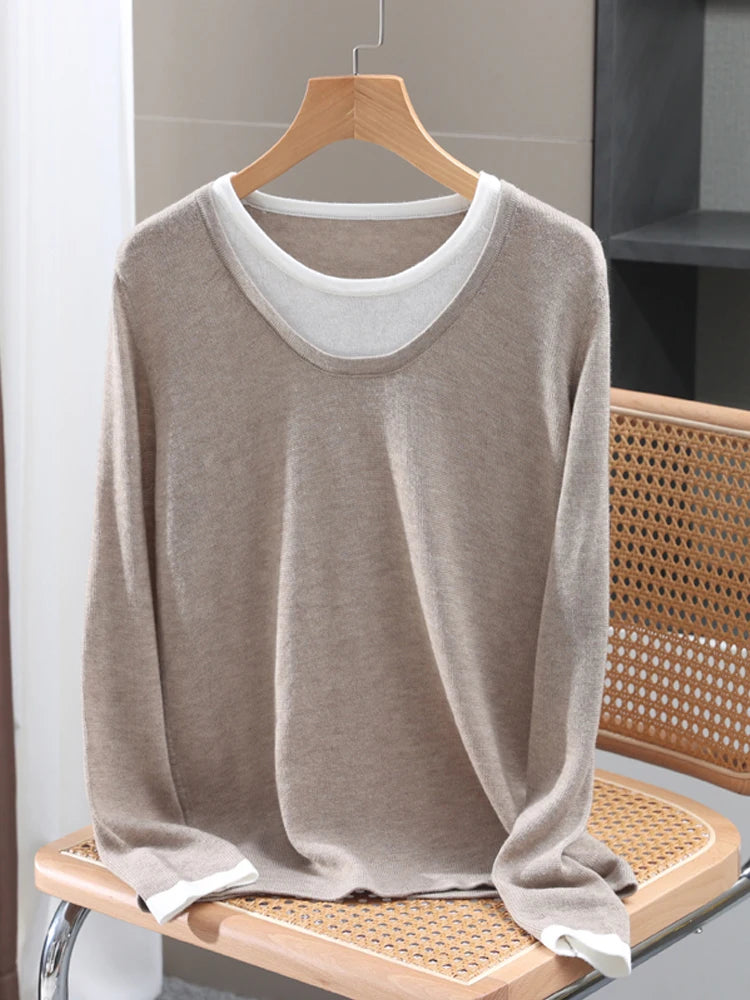 Casual Spring Autumn Women T-Shirts Merino Worsted Wool Female Knitted Pullover Long Sleeve Soft Clothing Tops Thin Outerwears