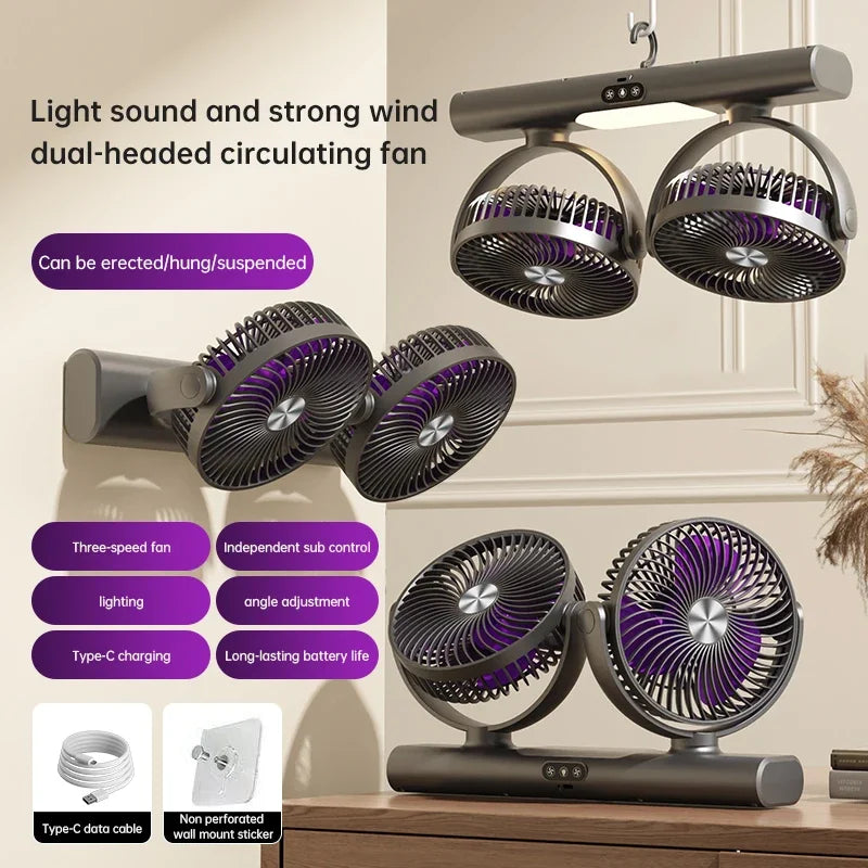 Rechargeable 3 Speed Desk Fan with Light, Dual Head Air Circulation Fan, Type-C Charging, Multi-Mount Portable Air Circulator