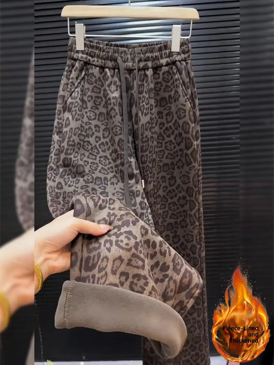 High Waist Thickened Fleece Lined Leopard Print Casual Pants Women Straight Leg Wide Leg Pants Trendy plus Size Korean Style