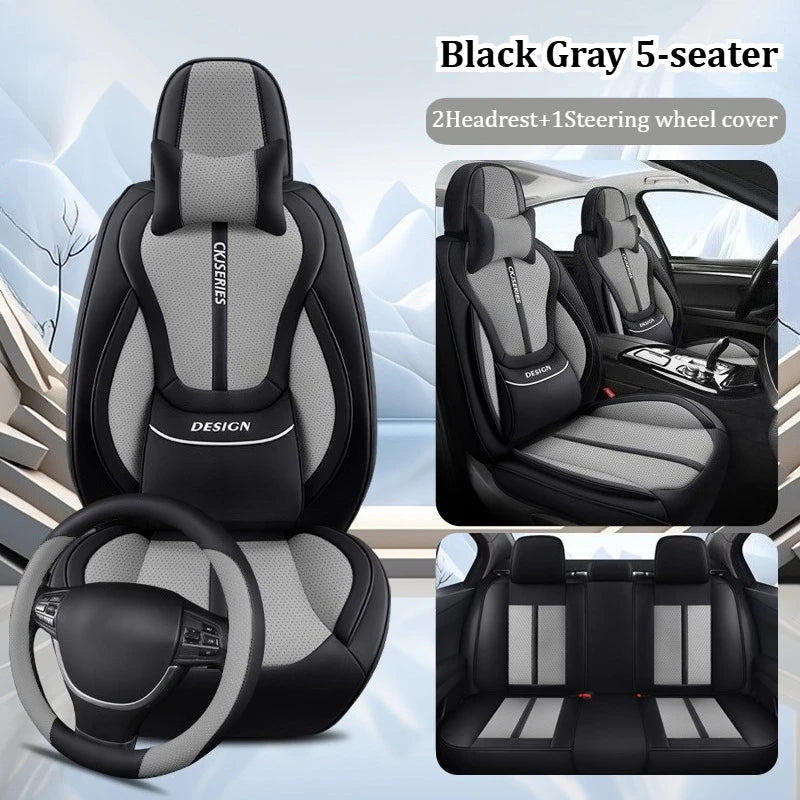 Premium PU Leather Auto Seat Covers Set with Built-in Lumbar Support +2 Headrest Covers +1 Steering Wheel Cover Comfortable