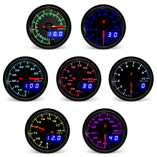 2" 52mm 7 Color LED Dual Display Gauge Boost PSI Boost BAR Water / Oil Temp Oil Pressure Voltmeter Air Fuel Ratio EGT Tachometer