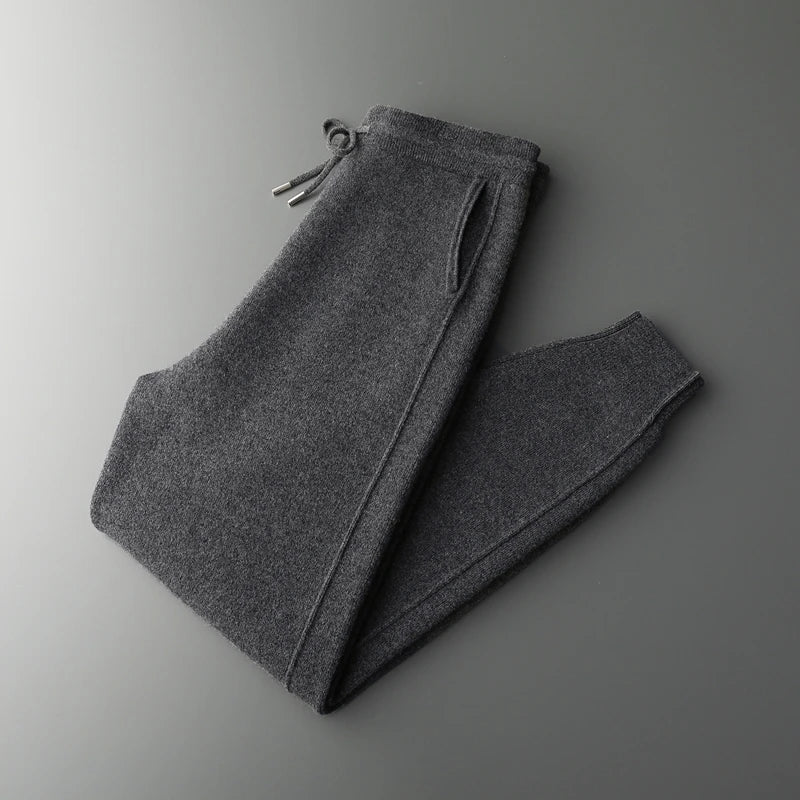 100% Merino Wool Men's Pants autumn and Winter Thickened High Waisted Small Leg Pants Casual Business Knitted Sweatpants Warm