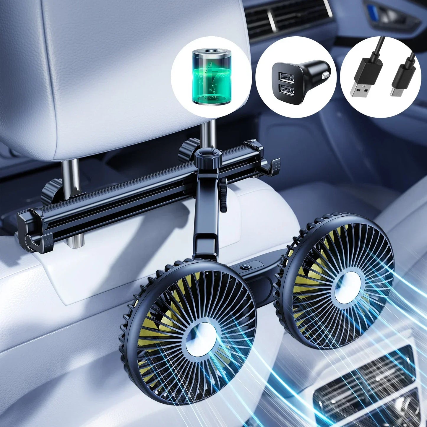 Hipacool Extension Arm Dual-Head Fan for Car Headrest 360° Rotation Air Cooling Fan Angle Adjustable 3-Speed Wind Brushless Fan
