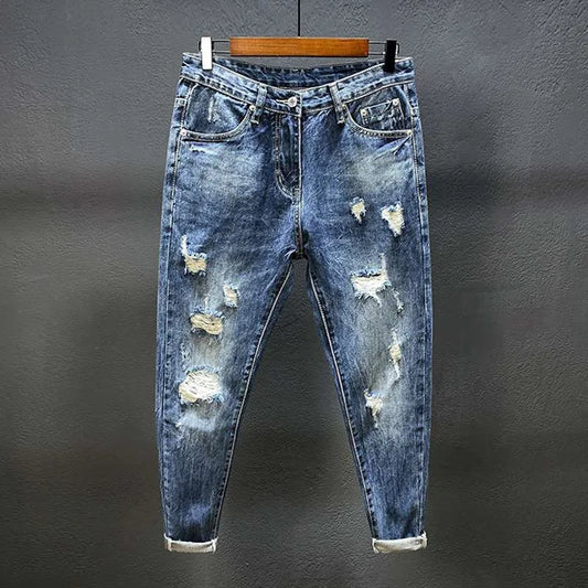 Nine-point jeans with holes for men's thin fashion brand slim feet in summer and summer Korean style spring and autumn pants