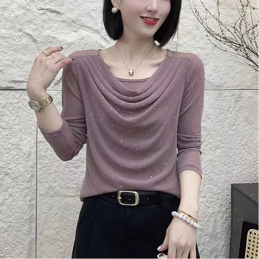 Ladies Fashion Slim Simplicity Elegant Trend Sexy Temperament Solid Color Long Sleeve Net Yarn Pullover Summer New Style Tops