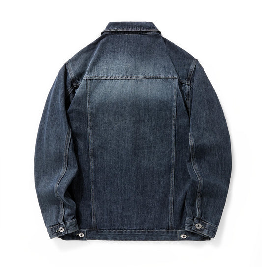 Vintage Dark Blue Denim Jacket for Men Casual Workwear Jean Coat with Button Closure Chest Pockets Everyday Streetwear Outer