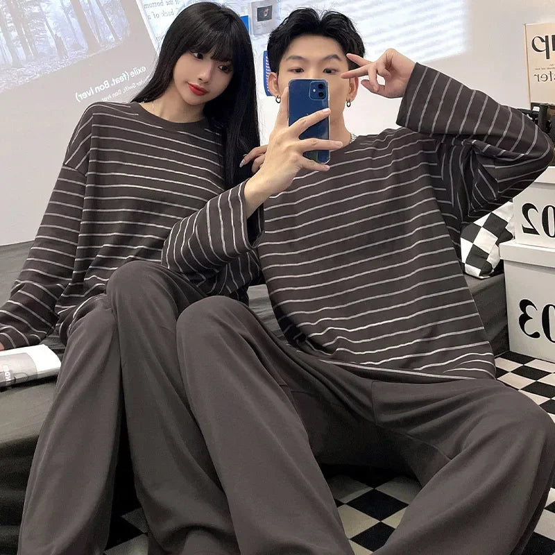 Couple Pajamas Set Cotton Autumn Long Sleeves Pants Home Suit Striped Lovers Sleepwear Comfortable Two-piece Female Pyjamas
