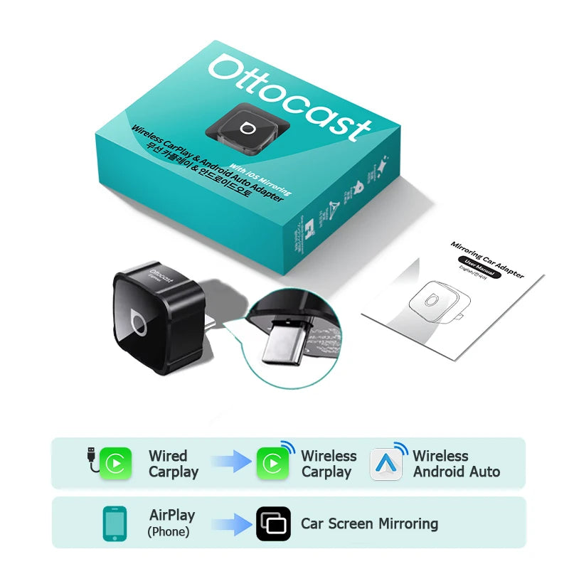 OTTOCAST MINI AIR Cube 4.0 Wireless CarPlay Android Auto 3 in 1 Adapter Screen Mirroring Car Accessories for Youtube Tiktok