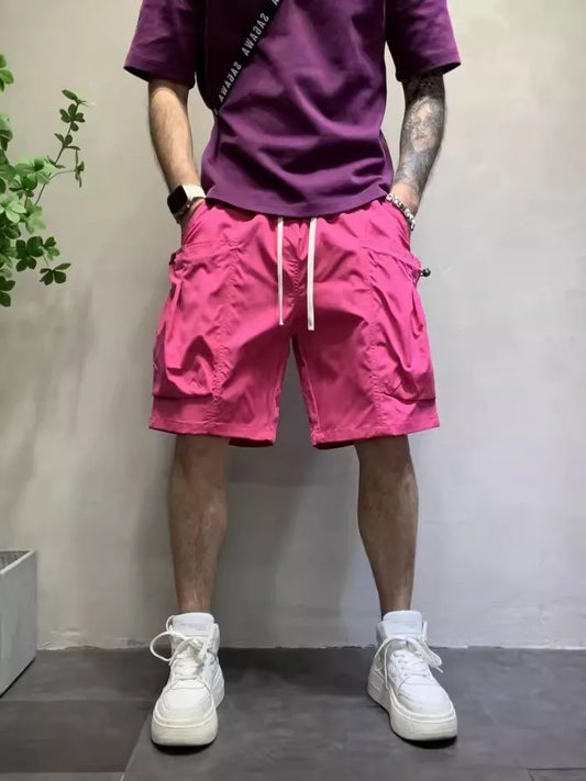New Summer Beach Shorts Fashion Candy Color Big Pocket Mens Cargo Shorts Casual High Street Loose Fit Knee Length Trousers Male
