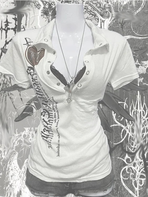 Retro American Hot Girl Print Short Sleeve Slim Fit T-Shirt Women's Summer New Style Versatile Slimming Top Cotton Polyester