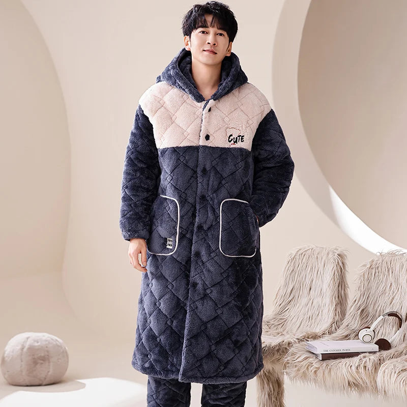 High Quality Winter Men Bath Robe+Pant 3 Layer Clip Cotton Hooded Robe Male Thick Dressing Gown Pijamas Hombre