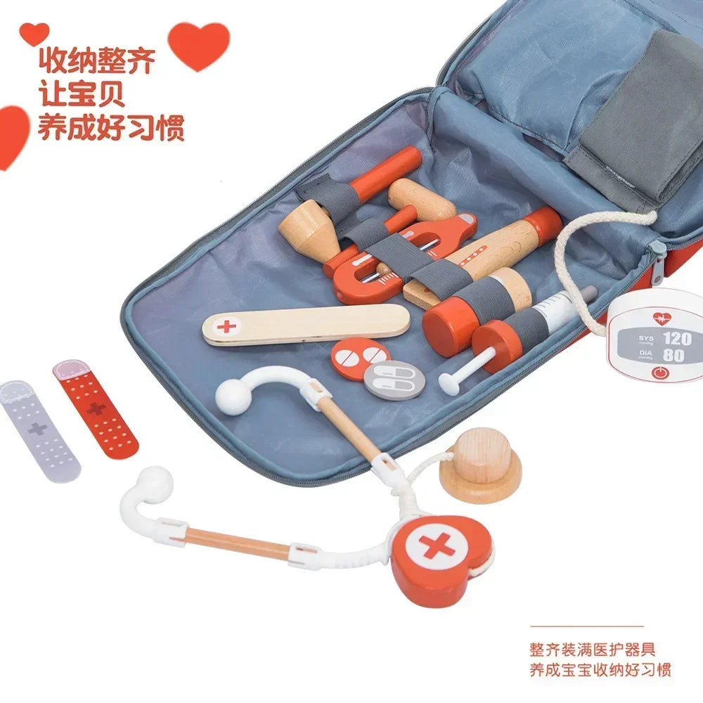 Kids Wooden Pretend Play Kit Games for Girls Boys Red Medical Dentist Medicine Box Cloth Bags Gifts Doctor Toys for Children Set