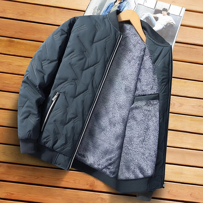 Men's Winter Thickened Fleece Lined Cotton Jacket Casual Stand Collar Long Sleeve Zipper Closure Color Warm Outerwear