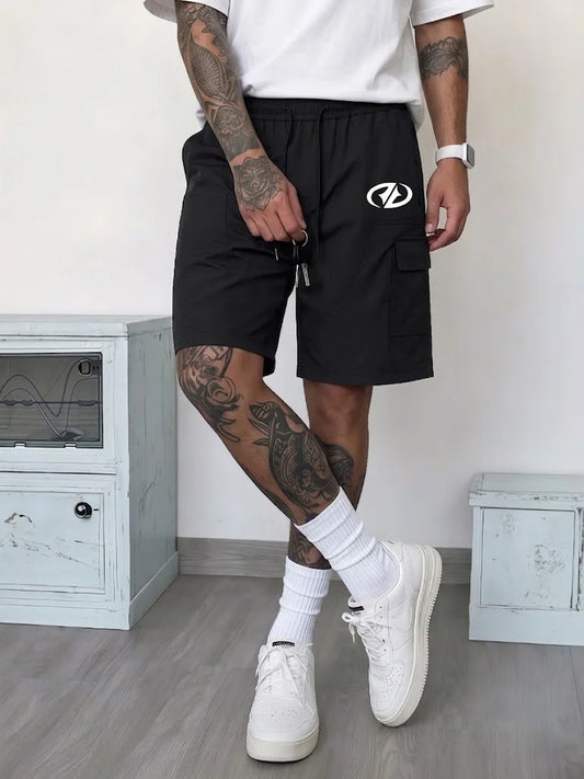 Men Black Logo Print Cargo Shorts, Drawstring Elastic Waist Loose Knee Length Pockets Summer Street Daily Sport Casual