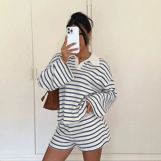 Women Striped Shorts Set Long Sleeve T-Shirt And Loose Casual Pants Breathable Two Piece Outfits For Summer Daily Loungewear