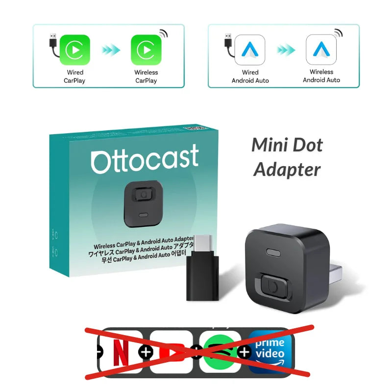 Ottocast Play2Video Ultra Mini Dot WiFi6 AI Box Carplay Adapter Android Auto Media Player YouTube Netflix Install Apps for Audi
