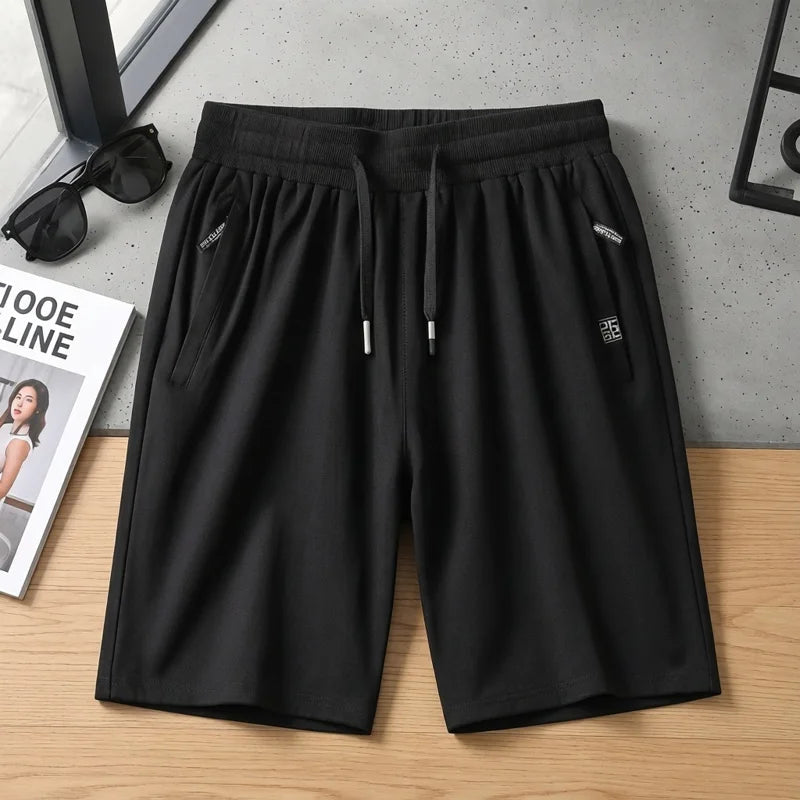 Black Sports Casual Shorts Men Summer Thin Pure Cotton Straight Leg mid Waist Drawstring Five Pocket Zipper Pants