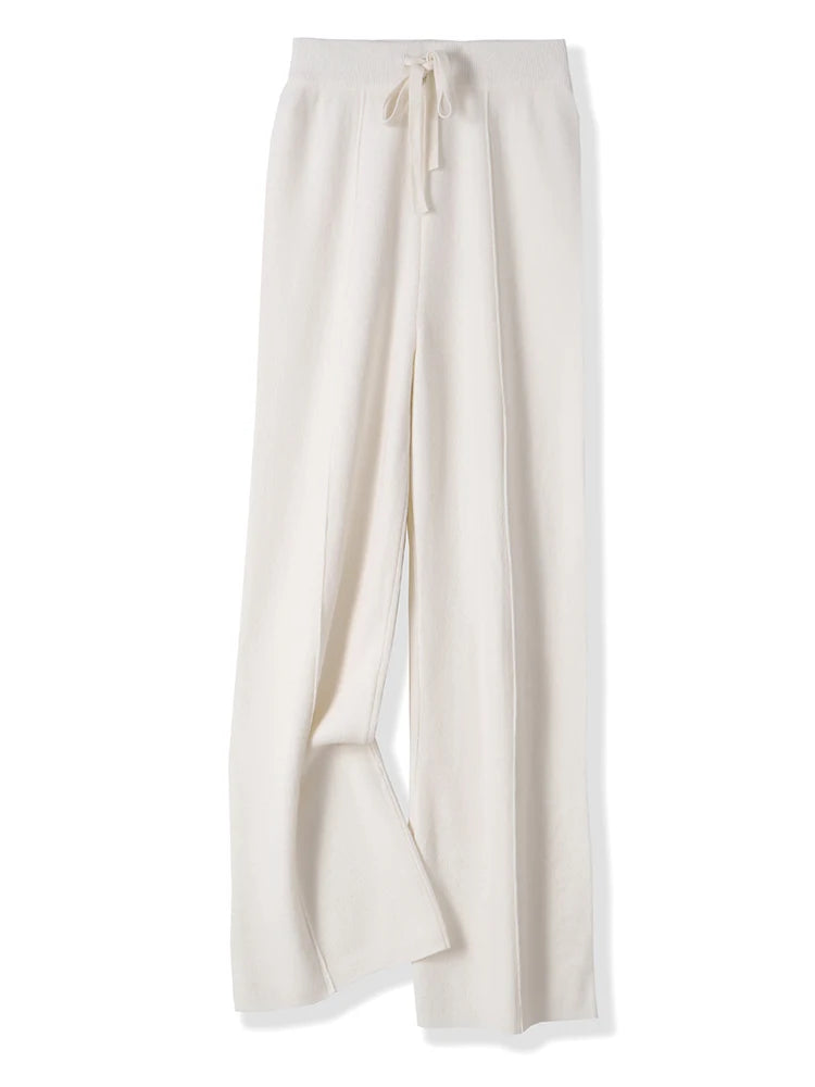 100% Merino Wool Pants Women Autumn Winter Casual Wide Leg Trousers Middle Seam Style Knitted Cashmere Soft Lace-up Trendy Pants