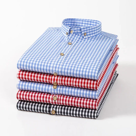 Thin Spring Summer 100% Cotton Shirts for Men Long Sleeve Checkered Dress Shirt Mens Blue Green Men Clothing Button Up Shirt