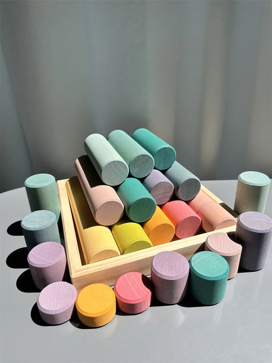 Kids Large Wood Building Rollers Pastel Blocks Stain Lime Stacking Cylinders Forest Trees Rings Educational Creative Toys