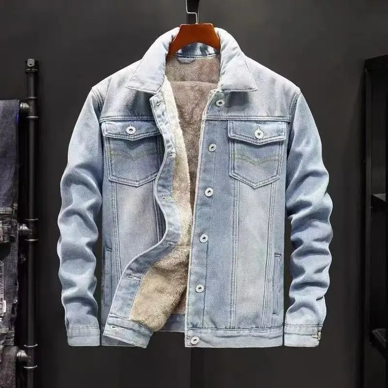 Korean Version Winter New Warm Men'S Denim Jacket With Plush Thick Coat Casual Jacket Men'S Loose Tops