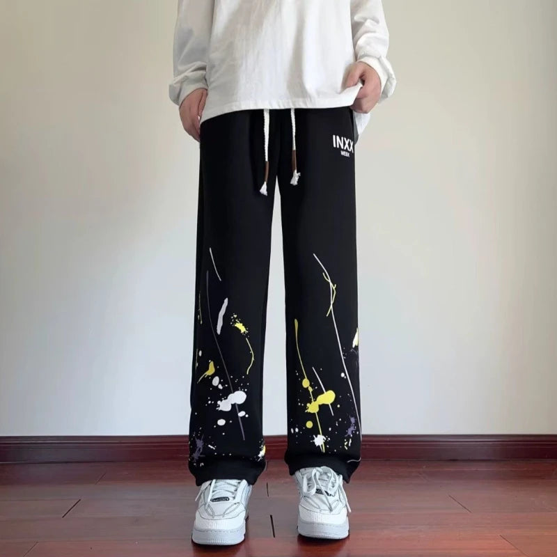 Trendy Men’s Graffiti Jogger Trousers American Street Style Wide Straight Leg Pants Loose Casual Long Pants for Everyday Wear