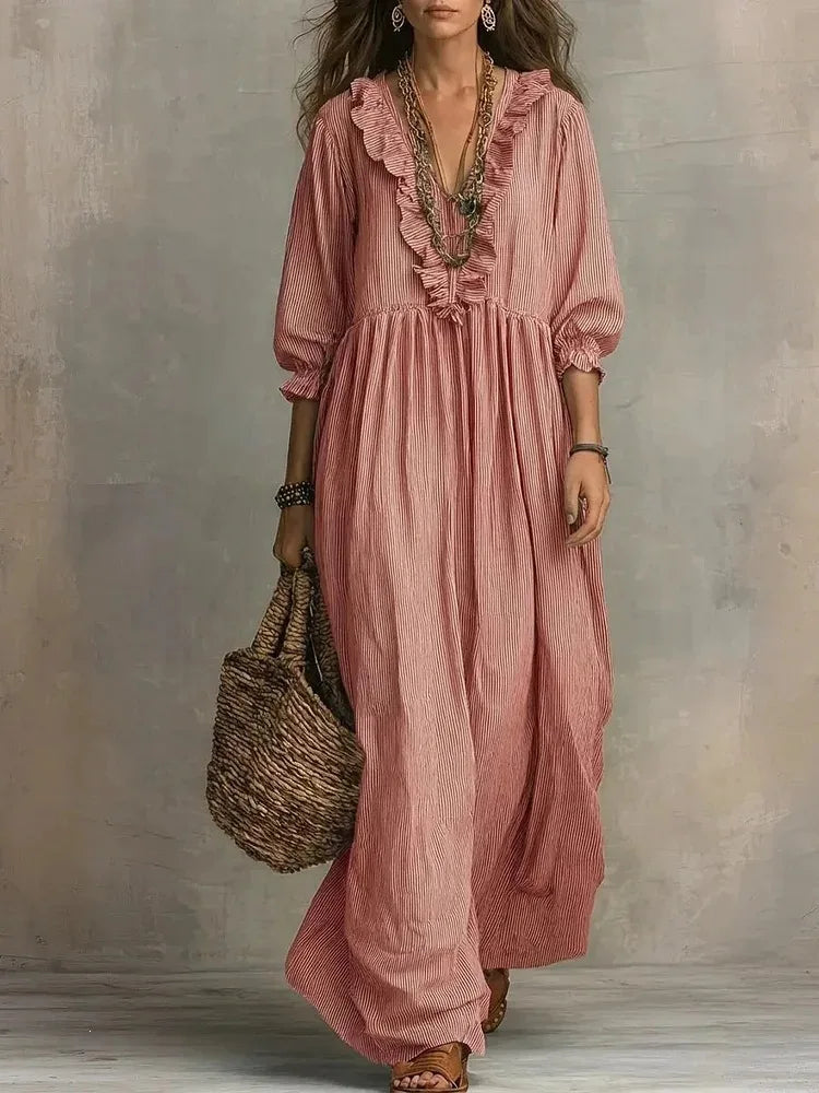 2026 New European and American Independent Website Striped Ruffled Loose High-Waisted V-Neck Fashion Casual Dress