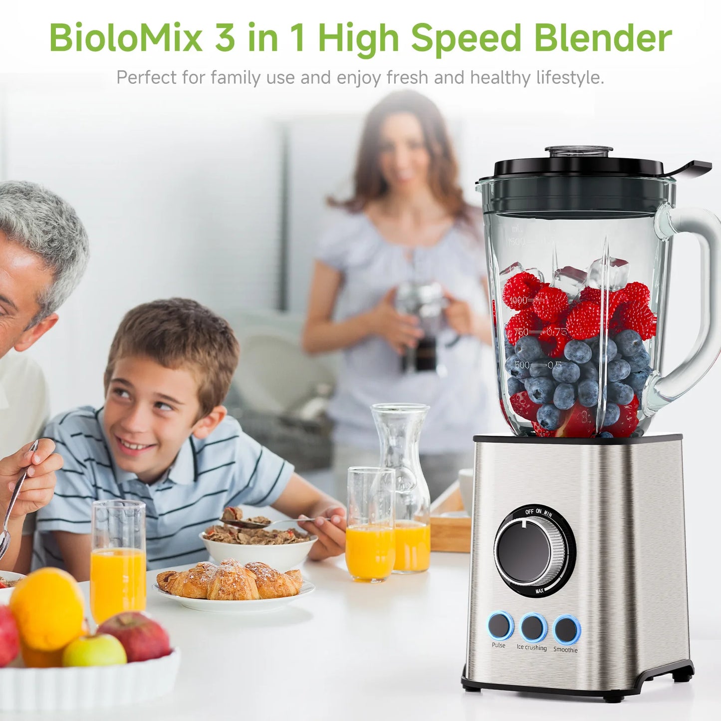 BioloMix 3 in 1 Smoothie Blender With Stainless Steel Blades, 1300W Personal Blenders and Grinder Combo for Baby Food, Juice