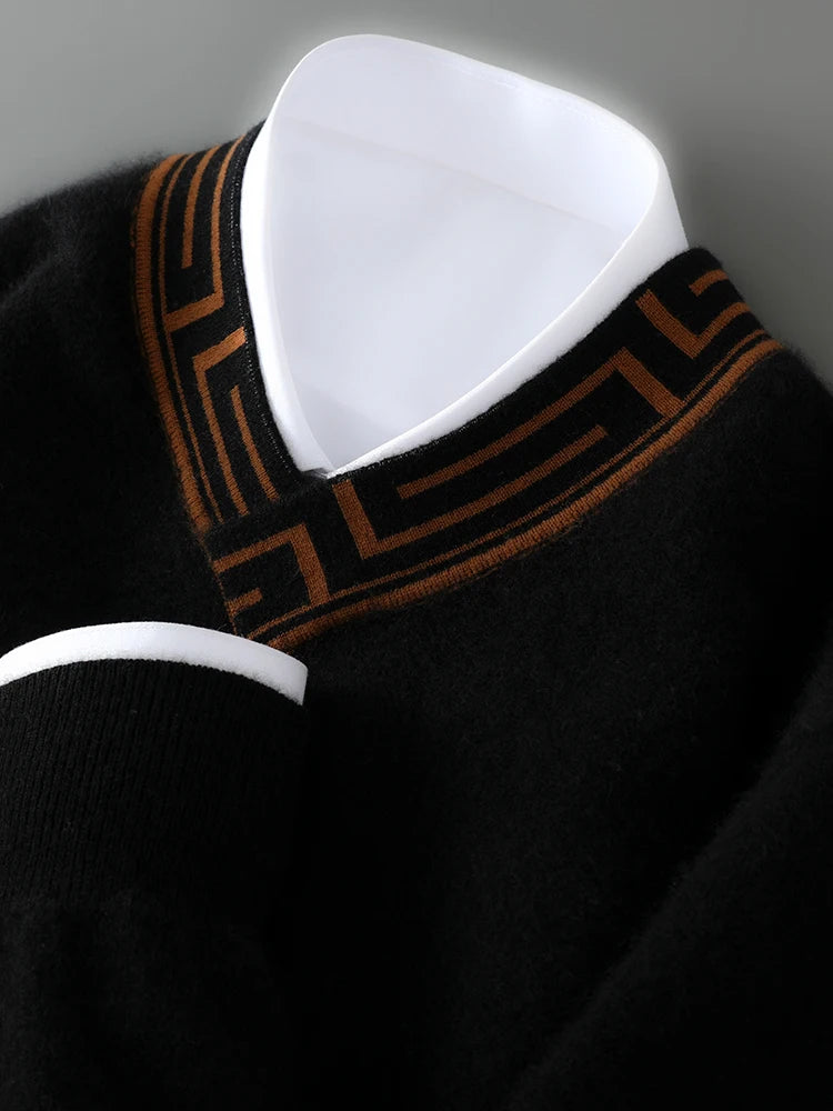 Autumn and winter new men's V-neck 100% pure cashmere sweater thick long sleeve contrast cashmere knitting fashion.