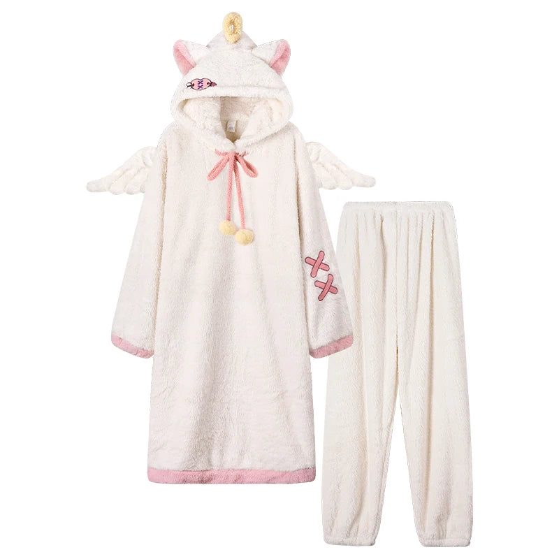 Couple's Black Coral Fleece Pajamas Thickened Fluffy Home Clothes Cartoon Pattern Unisex Long Sleeve Sleepwear for Autumn Winter