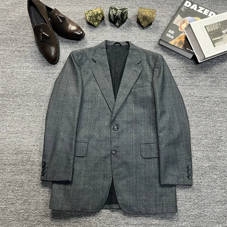 Vintage Unisex Woolen Suit Jacket Simple Casual Plaid Retro Style Warm Windproof Interview Commuting Business Casual Wear