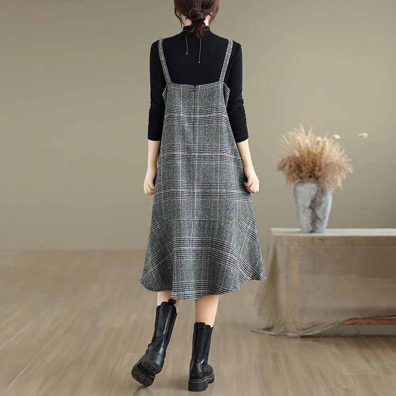 Autumn Winter Plaid Wool Skirt Vest Dress Slimming plus Size Mid-Length Thin Base Layer Outerwear Casual round Neck Dress