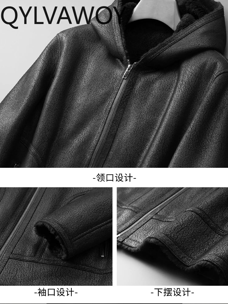QYLVAWOY 2025 Winter 100% Sheepskin Shearling Men's High-End Real Leather Hooded Fur Coat Outerwear lederjacke herren LJ3637