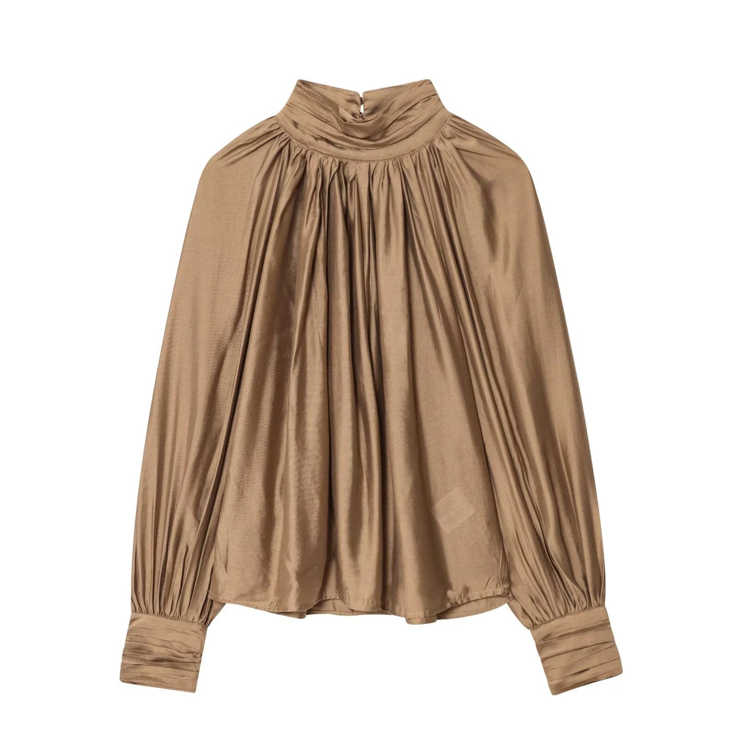 Spring new women's clothing minimalist style stand up collar shoulder inserted lantern long sleeved pleated top