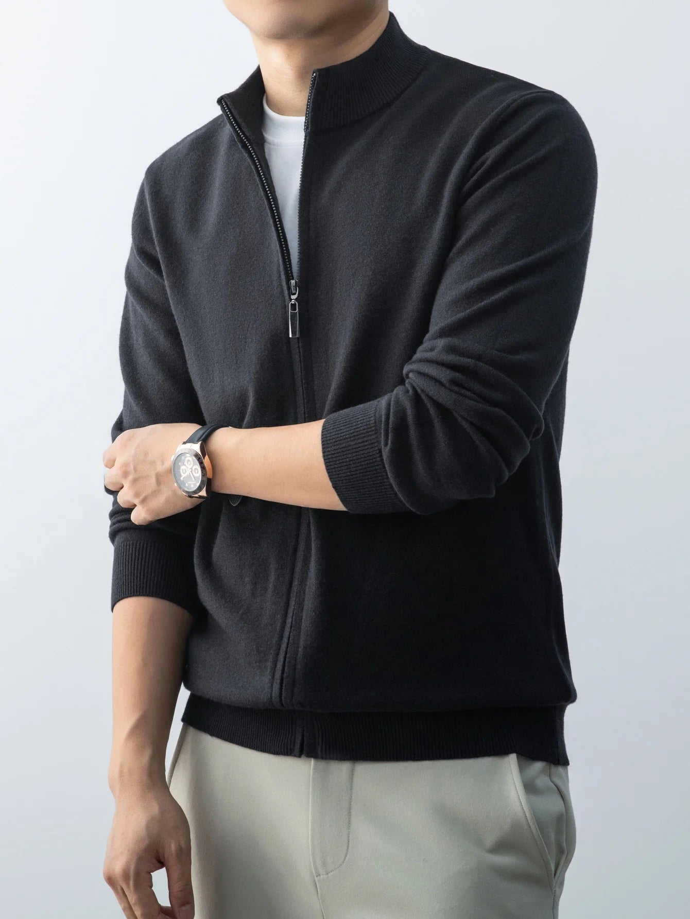 Wool Knitted Cardigan Men's 2026 New Spring and Autumn Fashion Stand-up Collar Top Casual Zipper Sweater Business Casual Jacket