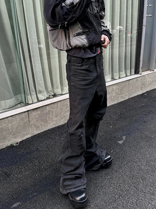 Handmade Bootcut Jeans Men's High Street Style Heavyweight Wax Coated Black Leather Bootcut Jeans Casual Wear Autumn Season