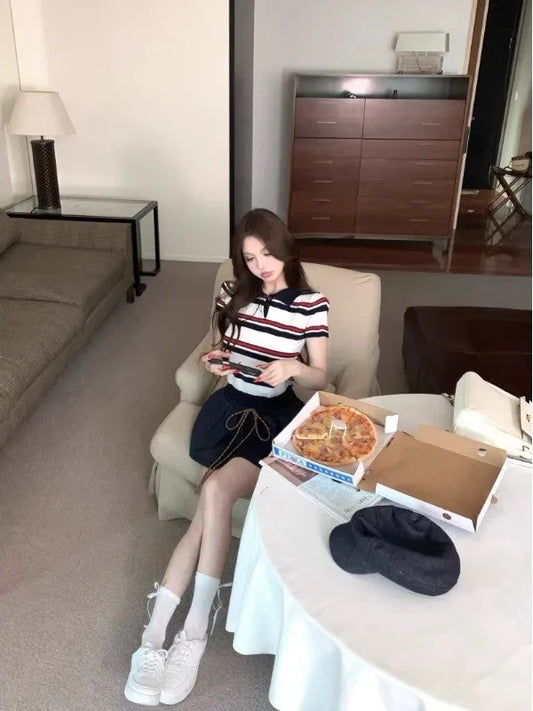Miu Stripe Neck Knitted Short Sleeve T-Shirt Women's Summer Design Sensible Short Style Korean Version Slim Fit Top