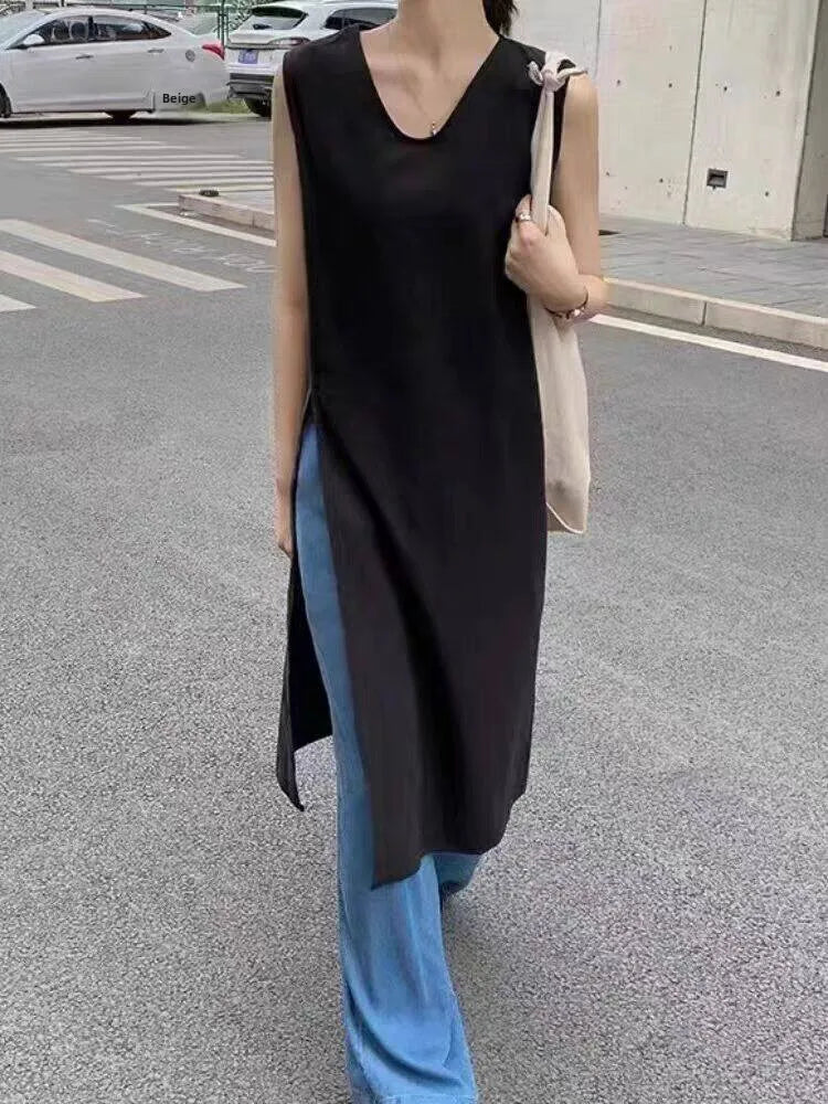 Simple Style Mid-Length V-Neck Women's Dress Knee-Covering Summer Cotton Linen A-Line Skirt Casual City Walk Dress