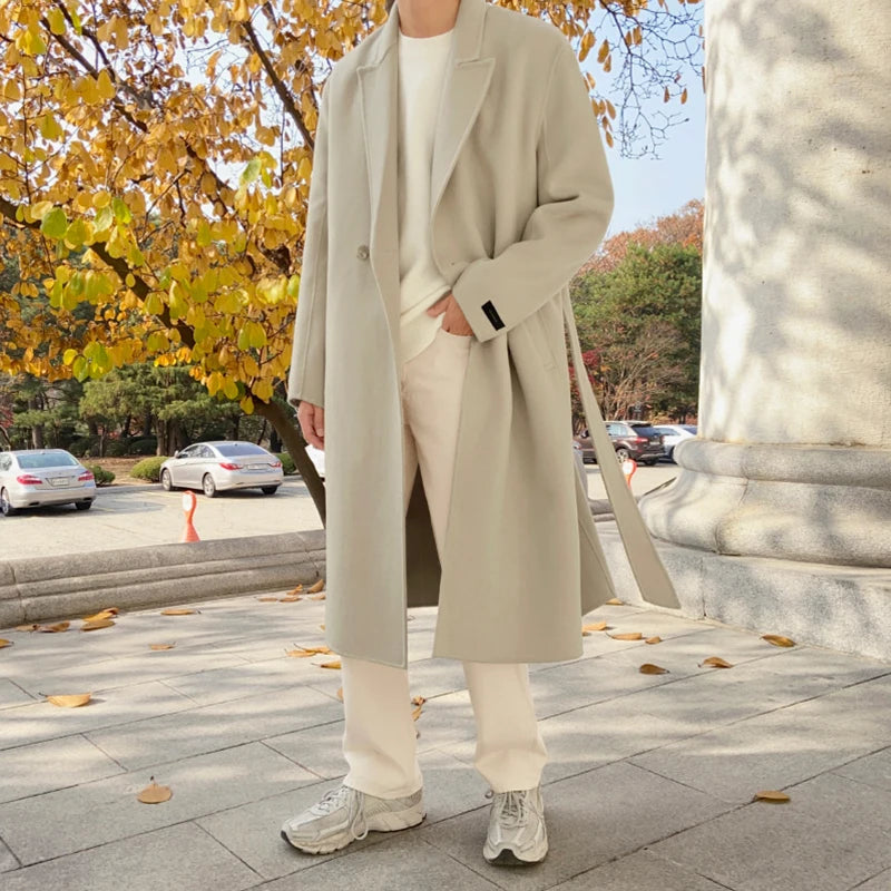 MRCYC Men's Woolen Coat Winter Thiened Korean Sle Loose Tweed Outerwear Mid-Length Double-Sided Tweed Windbreaker