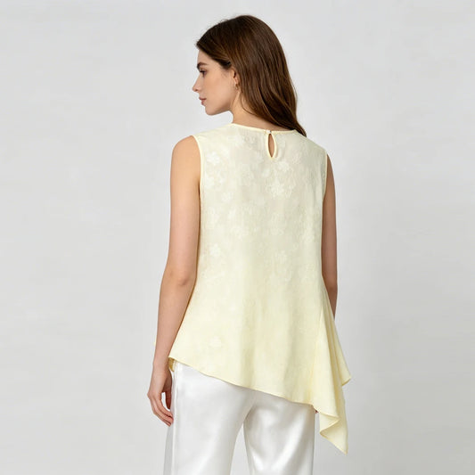 2026 Women's Fashion Summer New 100% Natural Mulberry Silk HuaLuo Beige Irregular Breathable Round Neck Sleeveless Tank Top