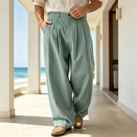 Men's Loose Pleated Wide Leg Pants Breathable Linen Blend Trousers Casual Business Suit Pants Summer Streetwear Daily Wear
