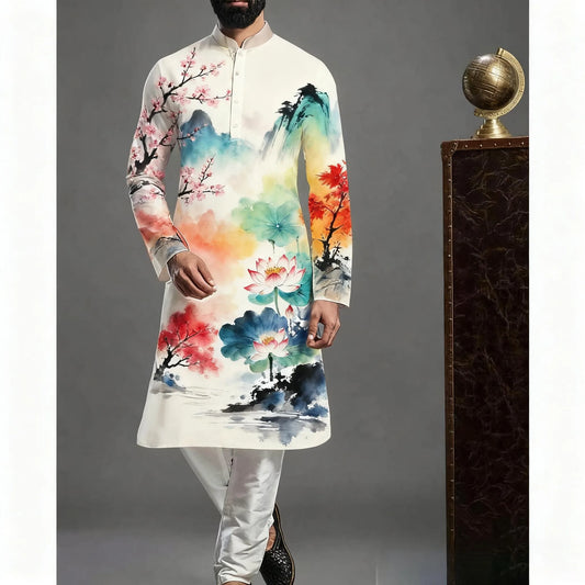 2026 Muslim Tops Men's Ethnic Style Long-sleeved Stand-up Collar Shirts Casual Slim Irregular Ropa Musulmana Hombre