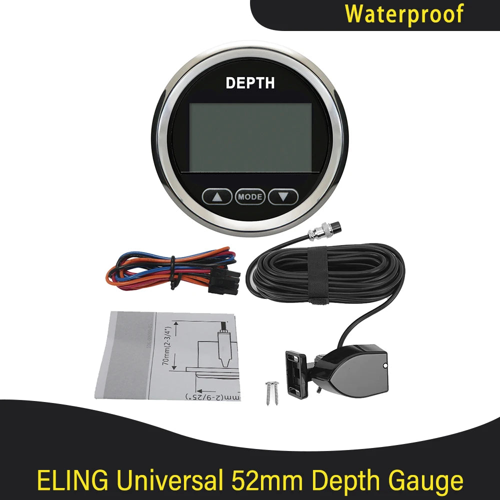 Marine 52mm Digital Depth Gauge Indicator with Transducer and White Backlight for Yachts Fishing Boats Universal 12V