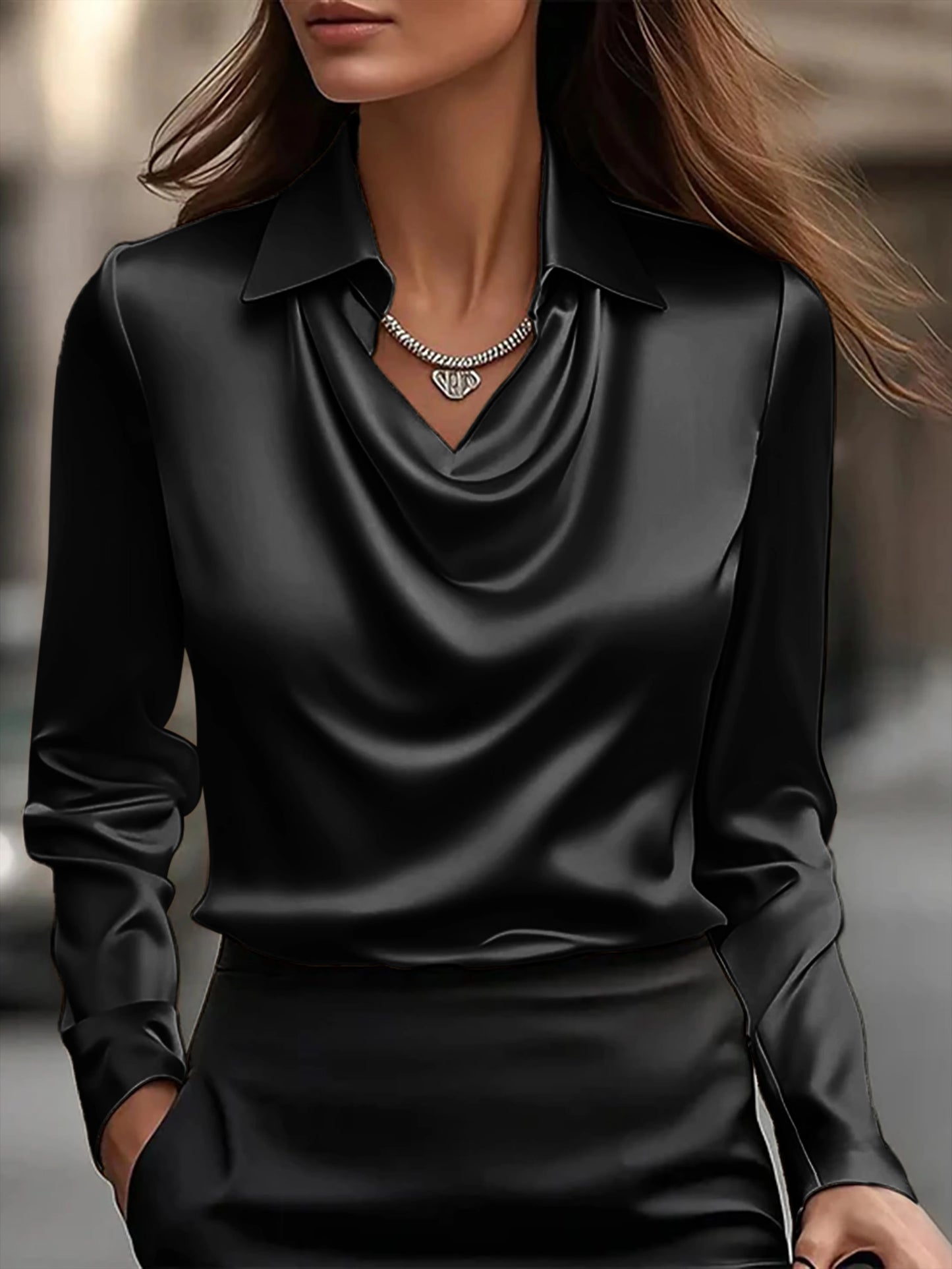 Elegant Satin V-Neck Shirt - Stylish Long-Sleeve Women's Top, Suitable for Casual and Refined Office Commuting, Silk Fabric Autu