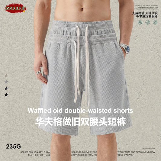 ZODF Vintage 2026 Summer West Coast Style Washed Waffle Shorts For Man Unisex Hip Hop Double Waist Distressed Shorts HY1252
